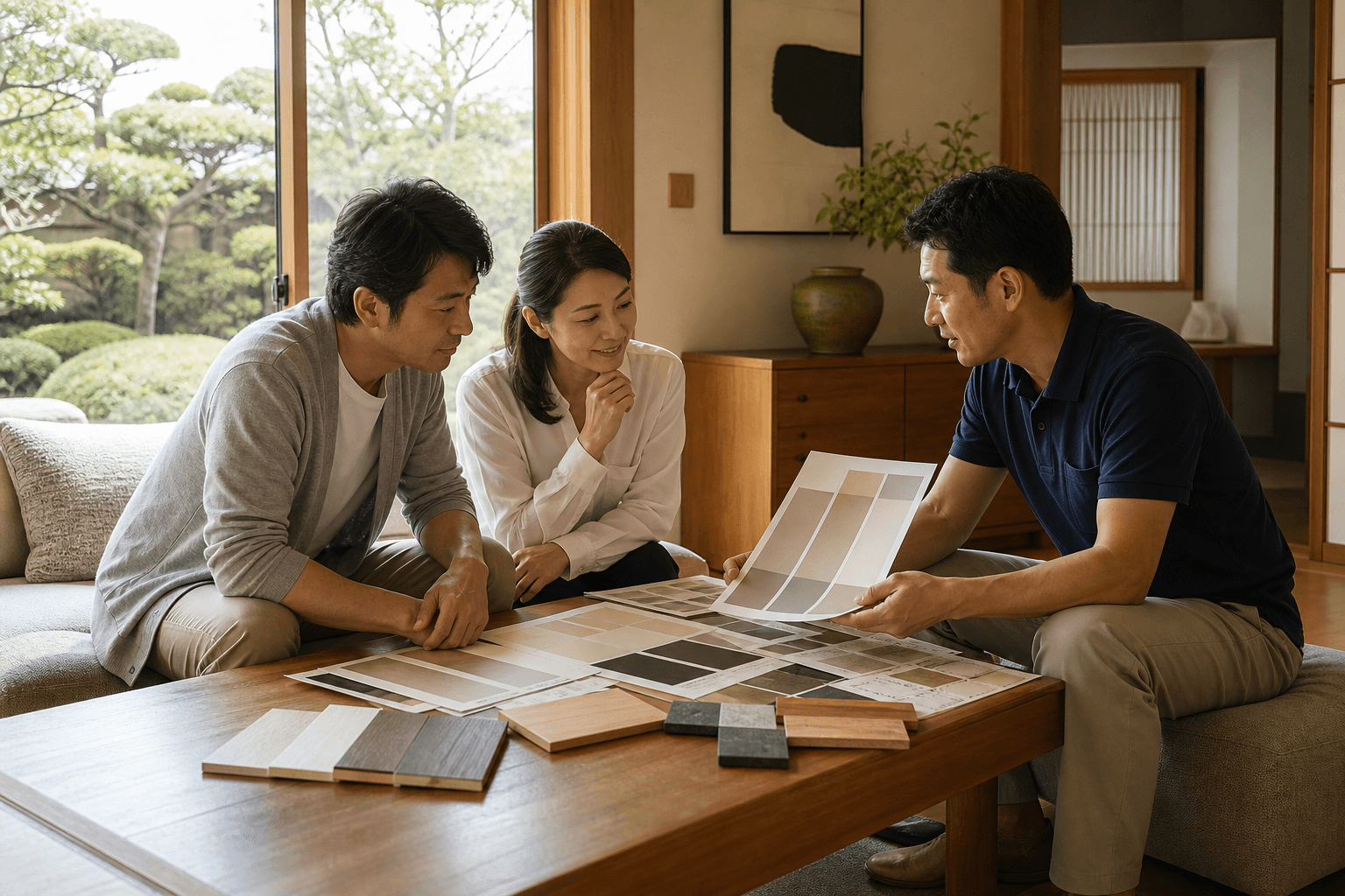色や仕様のサンプルを眺めながらの打ち合わせイメージ