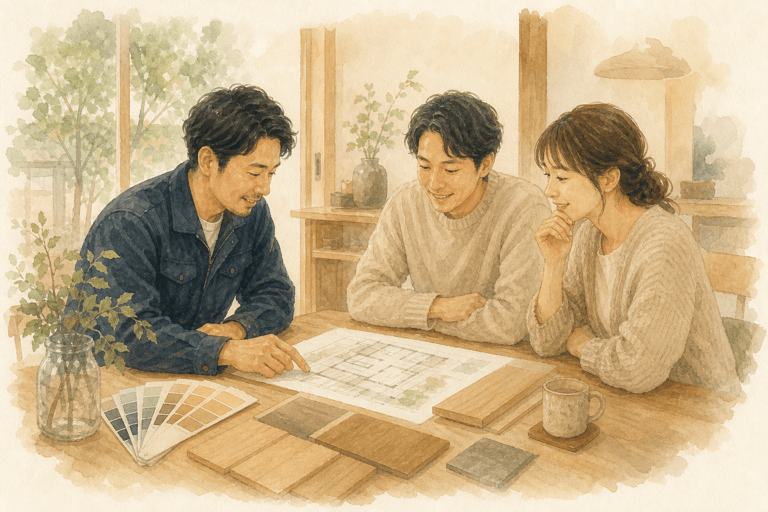 色見本を見ながら打ち合わせするご相談のイラスト