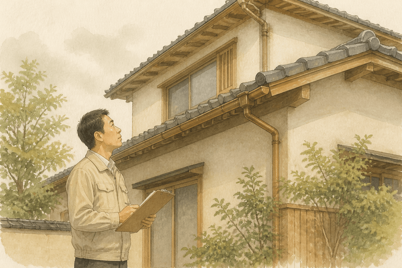 屋根と雨樋を点検する職人のイラスト